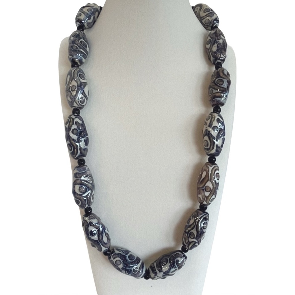 Navy and Tan Ceramic Bead Necklace